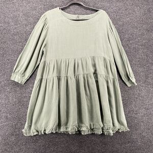UMGEE Dress Womens‎ S Green Linen Cotton Babydoll Tiered Boho Peasant Casual